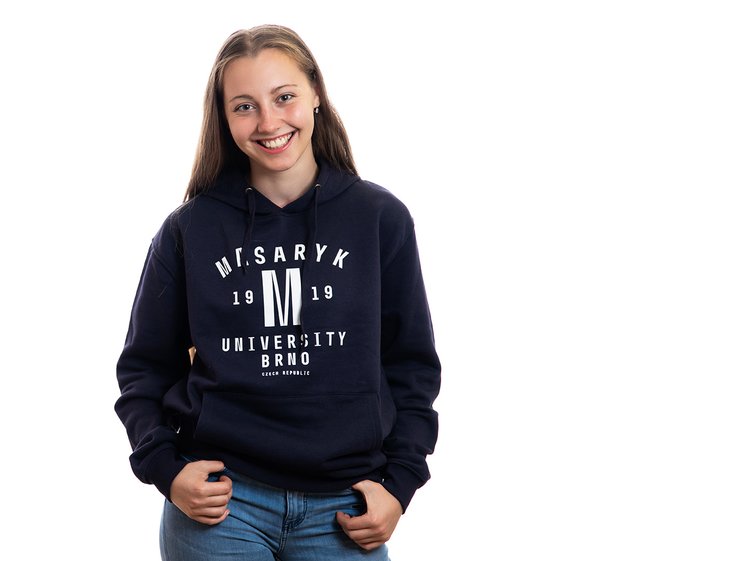 Masaryk University hoodie "M 1919", navy blue with white inscription