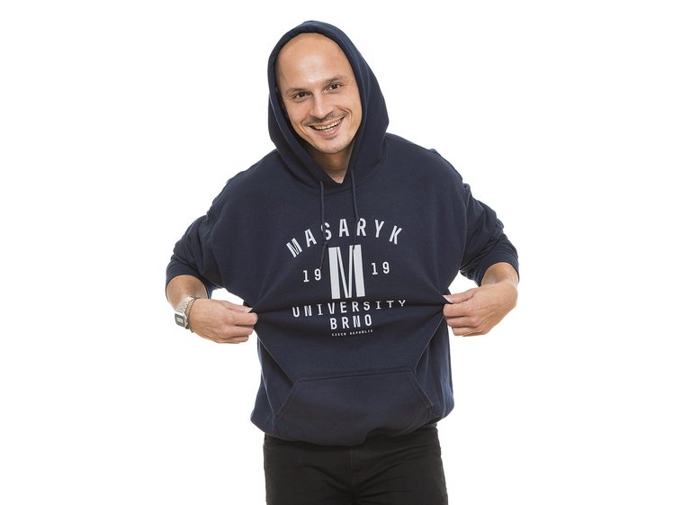 Masaryk University hoodie "M 1919", navy blue with "light" inscription